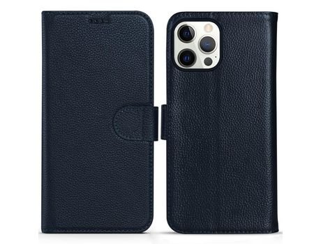 Funda de couro genuino + TPU textura de lichi magnética a prueba de choques con suporte azul por iPhone 13 Pro 6.1