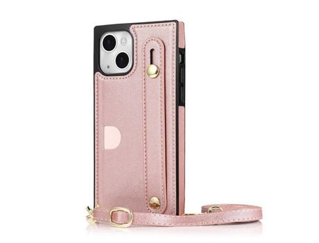 Funda TPU + PU con suporte de pontapé ranhuras por cartas y cable de segurança ouro rosa por iPhone 13 mini 5.4