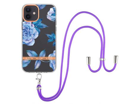 Funda TPU patrón de flores galvanoplastia con bandolera peonía azul por iPhone 12/12 Pro 6.1