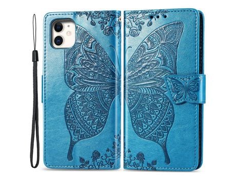 Funda PU patrón de mariposa y flor azul por iPhone 12/12 Pro 6.1
