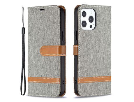 Funda PU + TPU textura de jeans con fundo cinza por iPhone 13/13 Pro