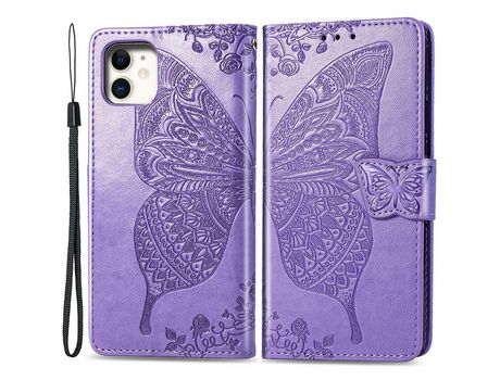 Funda PU patrón de mariposa y flor púrpura claro por iPhone 12/12 Pro 6.1
