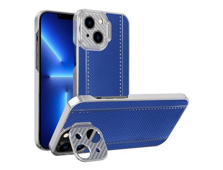 Funda TPU + PU textura de kevlar y fibra de carbono Anti-lágrimas galvanoplastia con muleta azul por iPhone 13 6.1