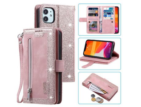 Carcasa PU bolso con estante con 9 titulares de tarjeta ouro rosa por Apple iPhone 12 5.4
