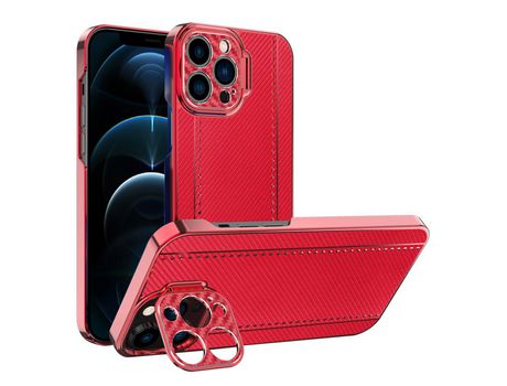 Funda TPU + PU textura de kevlar y fibra de carbono Anti-lágrimas galvanoplastia con muleta rojo por iPhone 12 Pro 6.1