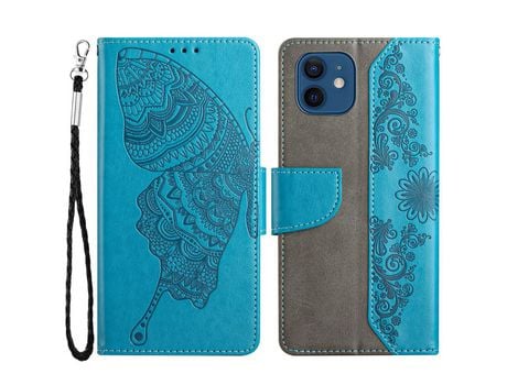 Funda PU patrón de mariposa y flor azul por iPhone 12/12 Pro 6.1