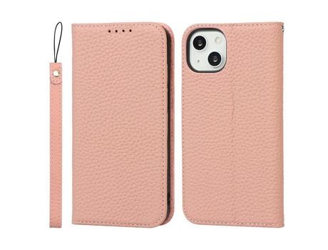Funda de couro genuino + TPU textura de lichi con suporte y bandolera rosa por iPhone 13 mini 5.4