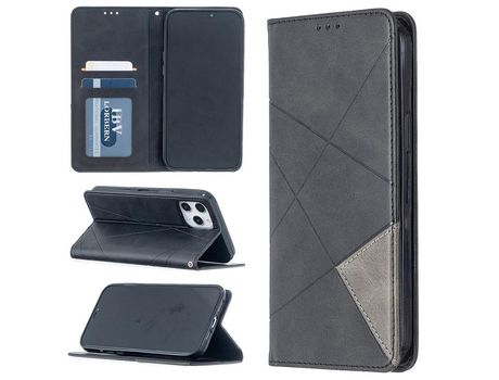 Carcasa PU teste patrón geométrico con suporte y suporte de tarjeta negro por Apple iPhone 12 Pro Max 6.7