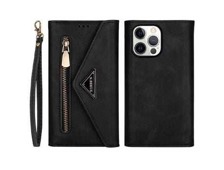 Funda PU + TPU toque na pele zíper con suporte negro por iPhone 13 Pro Max 6.7