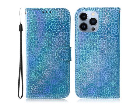 Funda PU + TPU deslumbrante patrón de flores en cor sólida con fundo azul por iPhone 13 Pro 6.1