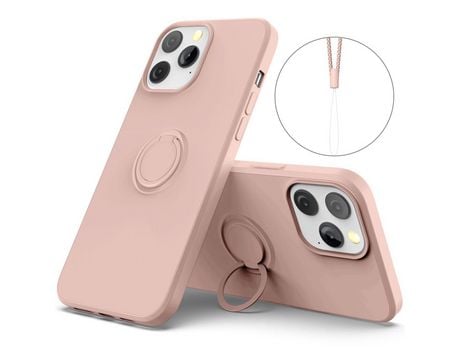 Funda silicone a prueba de choques con suporte de anel ajustável y bandolera rosa por iPhone 13 Pro Max 6.7