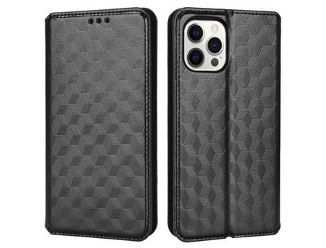 Funda PU patrón de losango absorción magnética a prueba de choques con soporte negro por iPhone 12/12 Pro 6.1