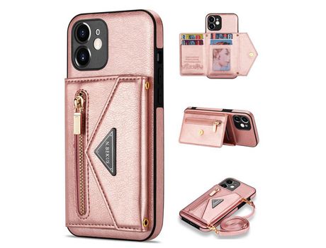 Funda PU N.BEKUS a prueba de choques con suporte de pontapé y bolso con Cerrar éclair rosa por iPhone 12 6.1