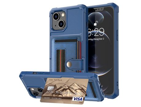 Funda TPU + PU con ranhura por tarjeta y tira elástica por os dedos azul por iPhone 13 mini 5.4