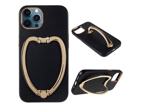 Funda TPU + PU galvanoplastia con suporte en forma de corazón negro por iPhone 12/12 Pro 6.1