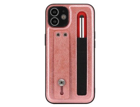 Funda TPU + PU a prueba de choques con suporte de pontapé de correia de mano con ranhura por caneta rosa por iPhone 12 6.1