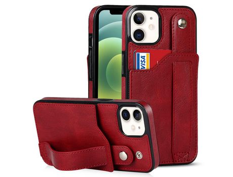 Funda TPU + PU Ocupación de cuadra RFID Anti-lágrimas con muleta por pulseira y porta-tarjeta rojo por iPhone 12 mini 5.4