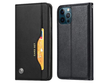 Funda PU + TPU autoabsorbente con suporte y porta-tarjetas externo negro por iPhone 13 Pro 6.1