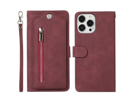 Funda PU bolso giratório con zíper con slots de tarjeta vinho tinto por iPhone 13 Pro 6.1