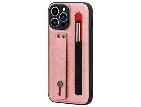 Funda TPU + PU con suporte de pontapé de correia de mano con ranhura por caneta rosa por iPhone 13 Pro 6.1