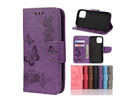 Carcasa PU estampa flor polilla roxo por Apple iPhone 12 Max/Pro 6.1