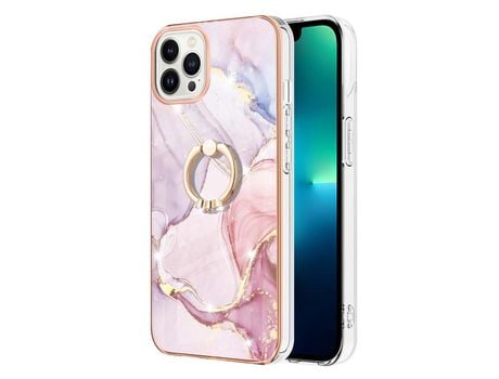 Funda TPU con suporte de anel galvanizado patrón mármol ouro rosa por iPhone 13 Pro Max 6.7