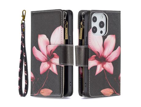 Funda PU + TPU zíper con fundo de flor rosa por iPhone 13/13 Pro 6.1