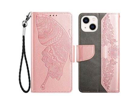 Funda PU patrón Anti-lágrimas mariposa y flor con soporte ouro rosa por iPhone 13 mini 5.4