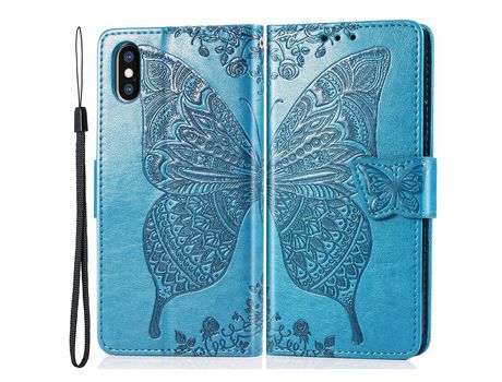 Funda PU patrón de mariposa y flor azul por iPhone XS Max 6.5