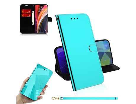 Carcasa PU espejo-como superfície con slots de tarjeta cian por Apple iPhone 12 Pro Max 6.7