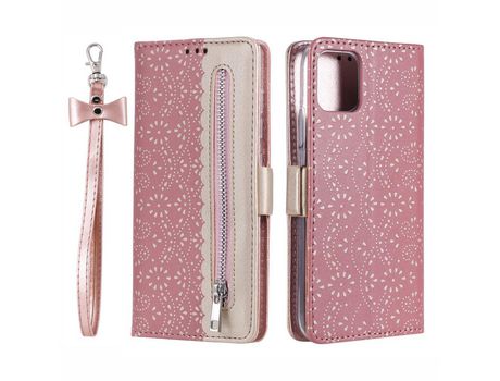Funda PU + TPU anti-queda renda con zíper rosa por iPhone 13 mini 5.4
