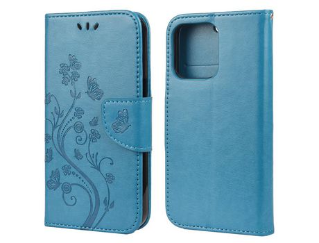 Funda PU + TPU patrón de flores y mariposas con fundo azul por iPhone 13 6.1