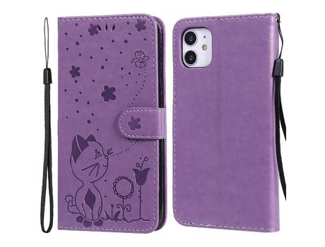 Funda PU + TPU patrón de gato y abelha con fundo púrpura por iPhone 12 mini 5.4