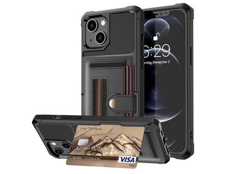 Funda TPU + PU con ranhura por tarjeta y tira elástica por os dedos negro por iPhone 13 mini 5.4