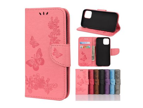 Carcasa PU estampa flor polilla rosa por Apple iPhone 12 Pro Max 6.7