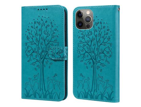Funda PU + TPU patrón de árbol y veado con fundo azul por iPhone 13 Pro 6.1