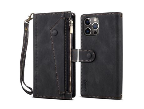Funda PU a prueba de choques con bolso con Cerrar de correr negro por iPhone 13 Pro 6.1
