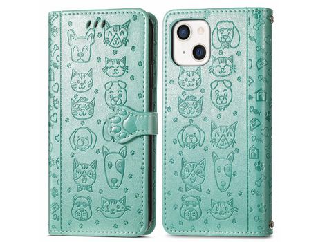Funda PU + TPU patrón de perro gato anti-choque verde por iPhone 13 mini 5.4