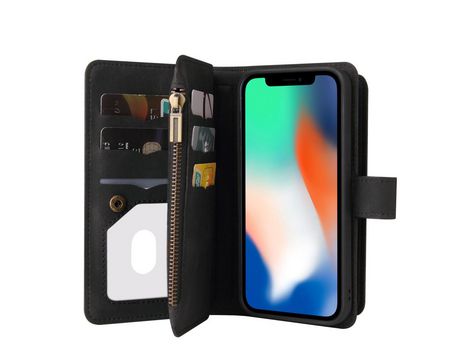 Funda PU + TPU con suporte porta-tarjetas y bolso con zíper y cable negro por iPhone X/XS