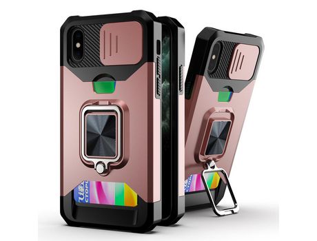 Funda TPU con suporte de anel y porta-tarjetas en ouro rosa por iPhone XS 5.8