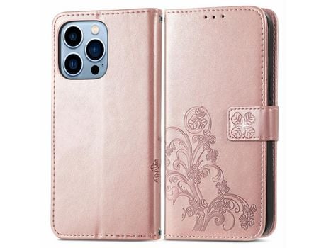 Funda PU + TPU trevo de quatro folhas resistente a riscos impresso con verso en ouro rosa por iPhone 13 Pro Max 6.7