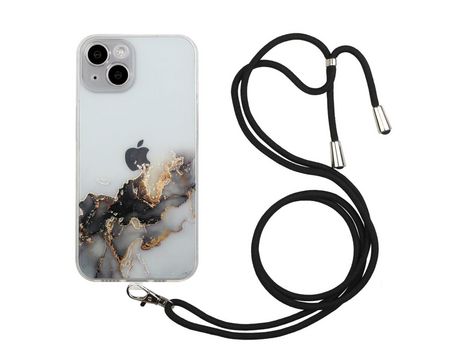 Funda TPU patrón de mármol en relevo flexível con cable ajustável negro longo por iPhone 13 6.1