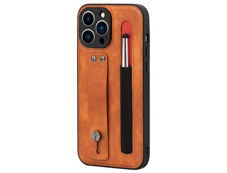 Funda TPU + PU con suporte de pontapé de correia de mano con ranhura por caneta marrón por iPhone 13 Pro 6.1