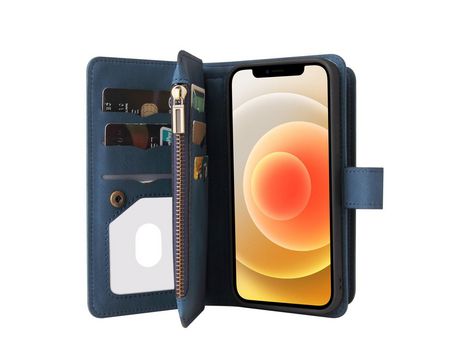 Funda PU + TPU con suporte porta-tarjetas y bolso azul con zíper por iPhone 12/12 Pro 6.1