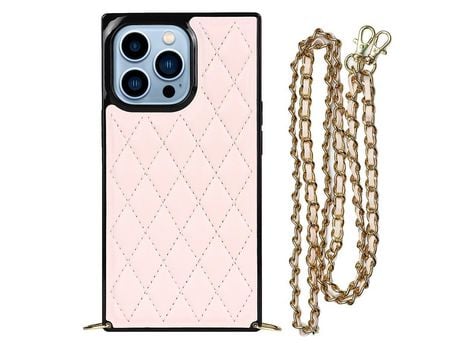 Funda TPU + PU patrón de grade de losango con bandolera de ombro rosa por iPhone 13 Pro Max 6.7