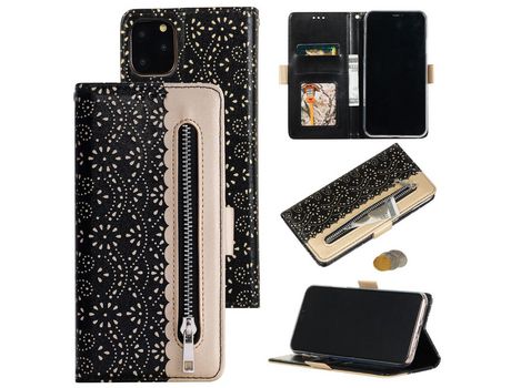 Carcasa PU pocket zipper flor rendas negro por Apple iPhone 12 Pro/12 Max 6.1