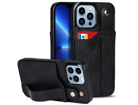 Funda TPU + PU Ocupación de cuadra RFID con muleta por pulseira y porta-tarjeta negro por iPhone 13 Pro 6.1