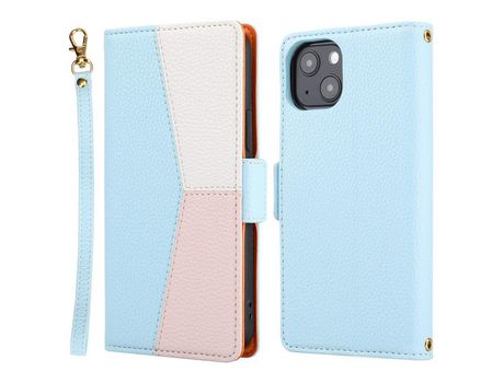 Funda PU + TPU textura de lichi con suporte y bandolera azul por iPhone 13 6.1