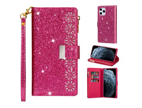 Carcasa PU reluzente estilo estrelado zipper escultura de laser rosa por Apple iPhone 12 Max/12 Pro 6.1
