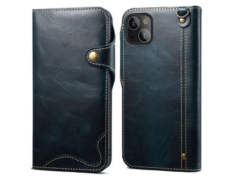 Funda de couro genuino aba con bandolera azul por iPhone 13 6.1